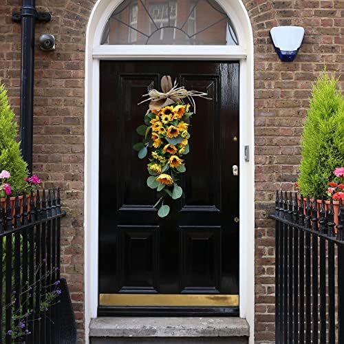 24in Artificial Sunflowers Teardrop Wreath with Burlap Bow