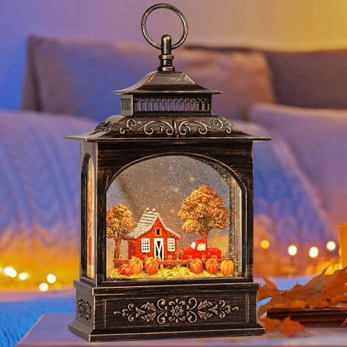 Fall Snow Globe Lantern with Timer and 2 Power Options