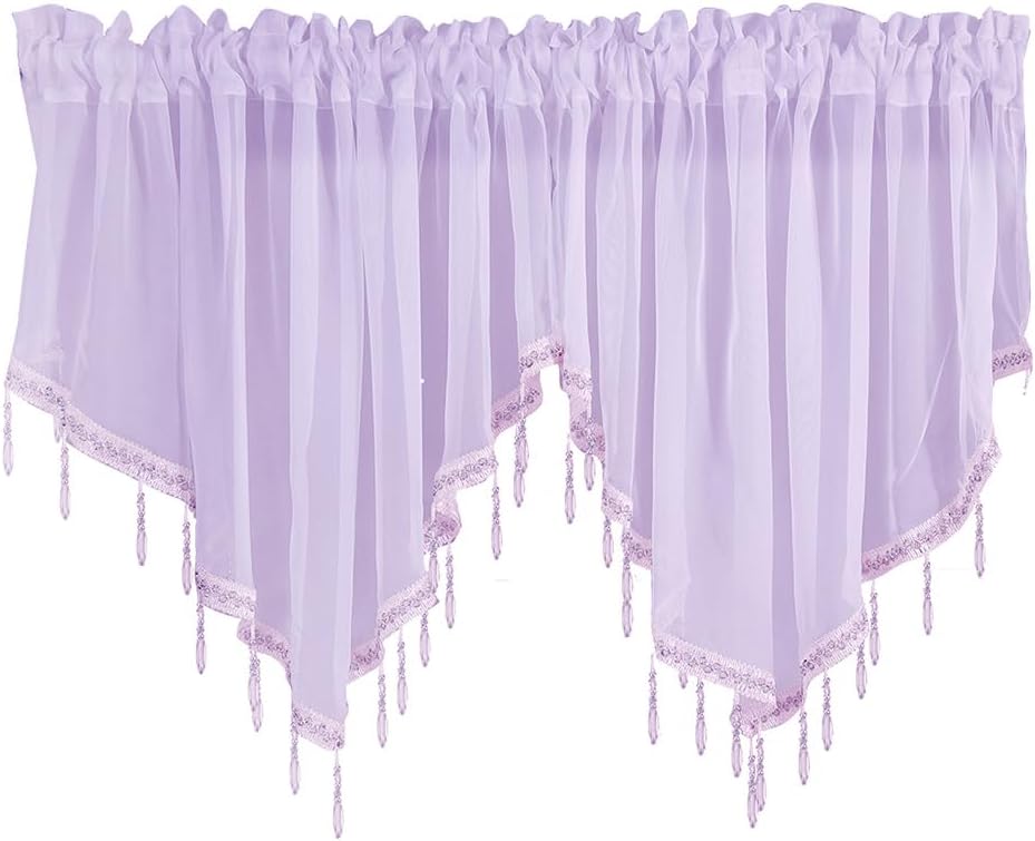 Sheer Solid Purple Country Drapes with Beaded Ascot Rod Pocket 2 Panels