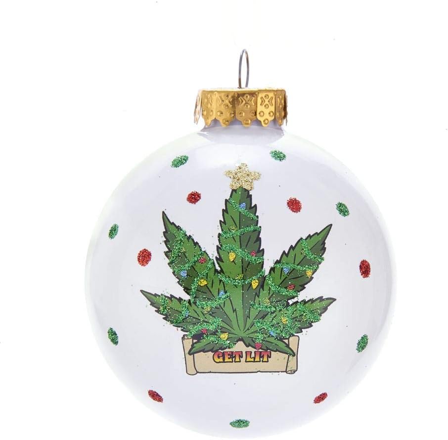 Kurt S Adler 80MM White Cannabis Design Glass Ball Ornament Christmas