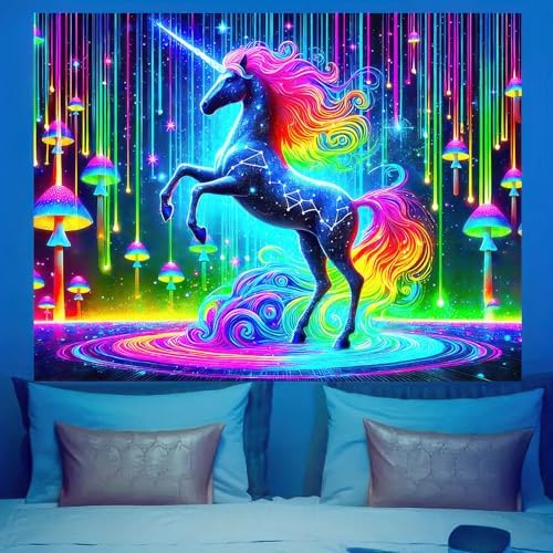 BlissYard UV Reactive Unicorn Wall Tapestry