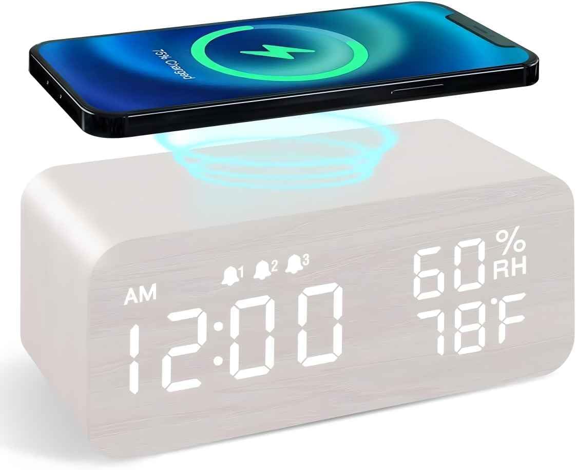 Wooden Digital Clock with Temperature Display and Dual Alarms