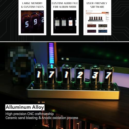 Retro Nixie Tube Clock with RGB Display and Aluminum Base