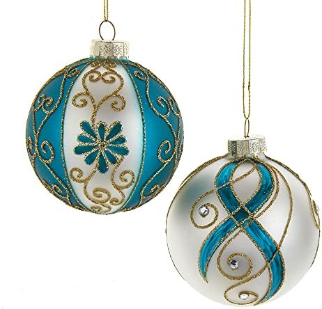 Kurt S Adler 6 Piece Gold Dark Teal White Ball Ornament Set