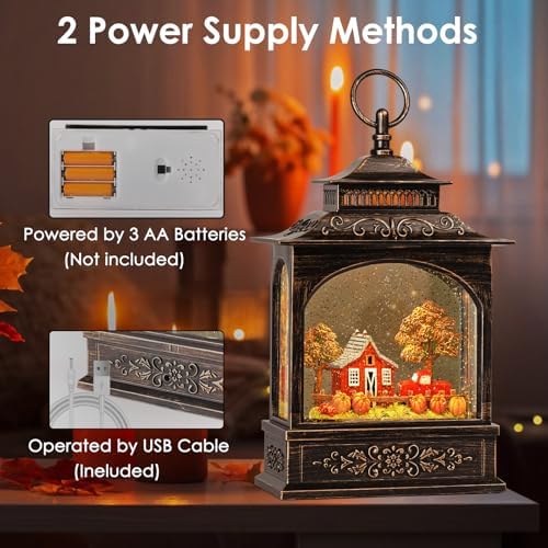 Fall Snow Globe Lantern with Timer and 2 Power Options