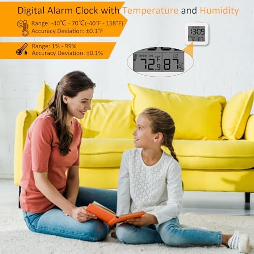 WinFong Small Digital Alarm Clock with 3 Bells and Temperature Humidity Display