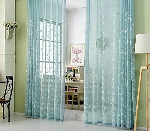 Sheer Floral Embroidered Rod Pocket Window Panels - Blue 100x95 Inch