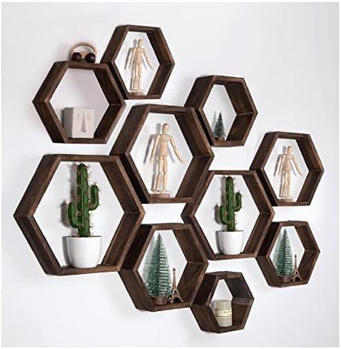 WONFUlity Hexagon Floating Shelf Wall Mount Wood Decor