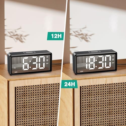 ORIA Wooden Digital Alarm Clock with LED Mirror and Dual Alarms