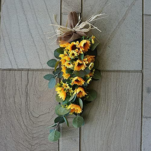 24in Artificial Sunflowers Teardrop Wreath with Burlap Bow