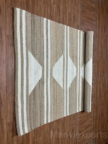 White Striped Jute Runner Rug - Custom Size Diamond Pattern