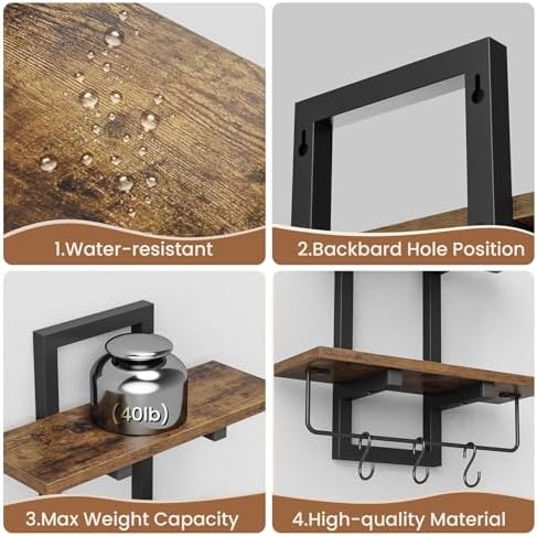 2 Tier Floating Shelves for Wall with Hooks