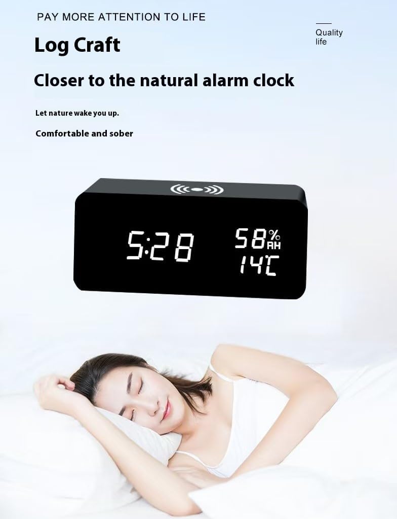 Wooden Digital Clock with Temperature Display and Dual Alarms