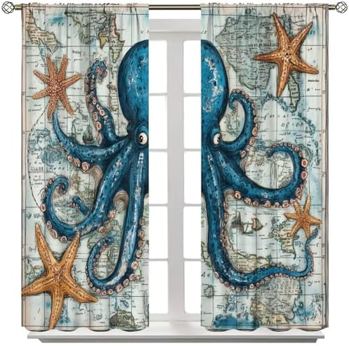 Blue Octopus Animal Blackout Curtains 2 Panels