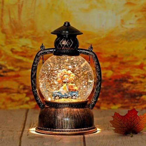 Fall Snow Globes Blue Truck Pumpkin and Gnome Scene Snow Globe Lantern