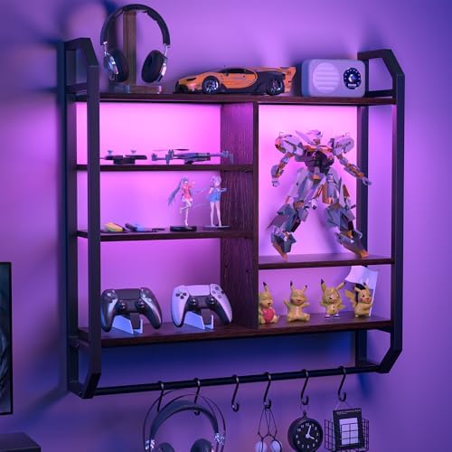 Nidouillet Gaming Floating Shelf with LED Lights and Hooks