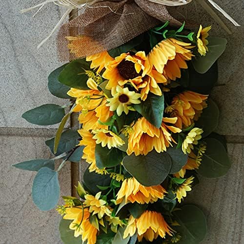 24in Artificial Sunflowers Teardrop Wreath with Burlap Bow