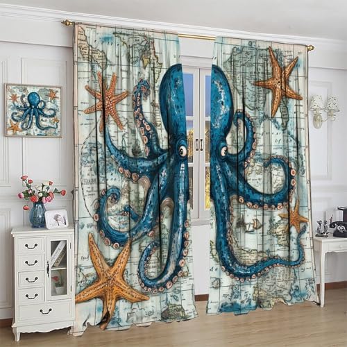Blue Octopus Animal Blackout Curtains 2 Panels