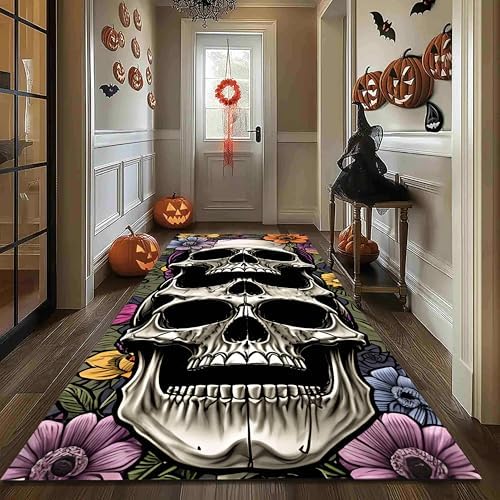 Halloween Ghost Runner Rug with Skull Pumpkin Design