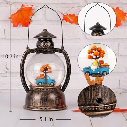 Fall Snow Globes Blue Truck Pumpkin and Gnome Scene Snow Globe Lantern