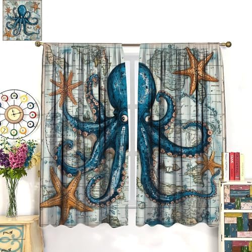 Blue Octopus Animal Blackout Curtains 2 Panels