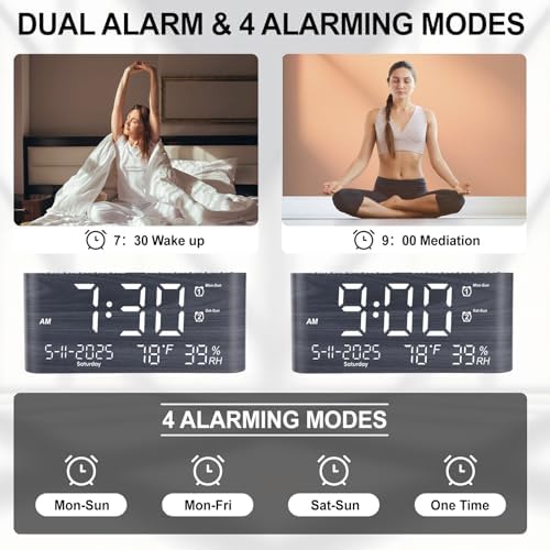 PPLEE 87 Inch Digital Alarm Clock with Temperature Humidity and USB Charging