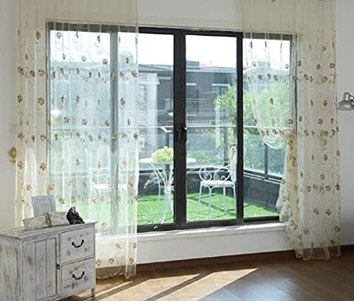 Iuokuby Natural Sheer Curtain with Flower Embroidery 100x95 Inch Yellow Panel