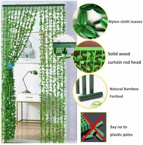 Green Leaves Fringe Bamboo Beaded Curtain for Doors and Windows
