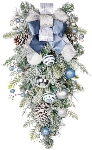 30 Inch Christmas Teardrop Swag with Pine Cones and Ribbons