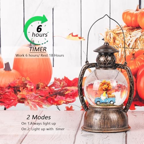 Fall Snow Globes Blue Truck Pumpkin and Gnome Scene Snow Globe Lantern