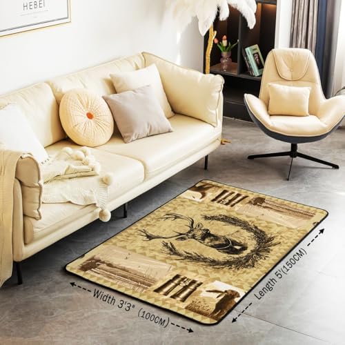 Elk Deer Antlers Area Rug 5x7 Bohemian Pattern