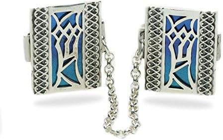 Mezuzah Tallit Clip In Sterling Silver Blue Enamel