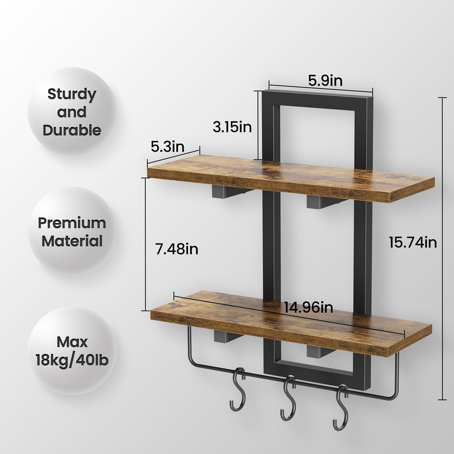 2 Tier Floating Shelves for Wall with Hooks