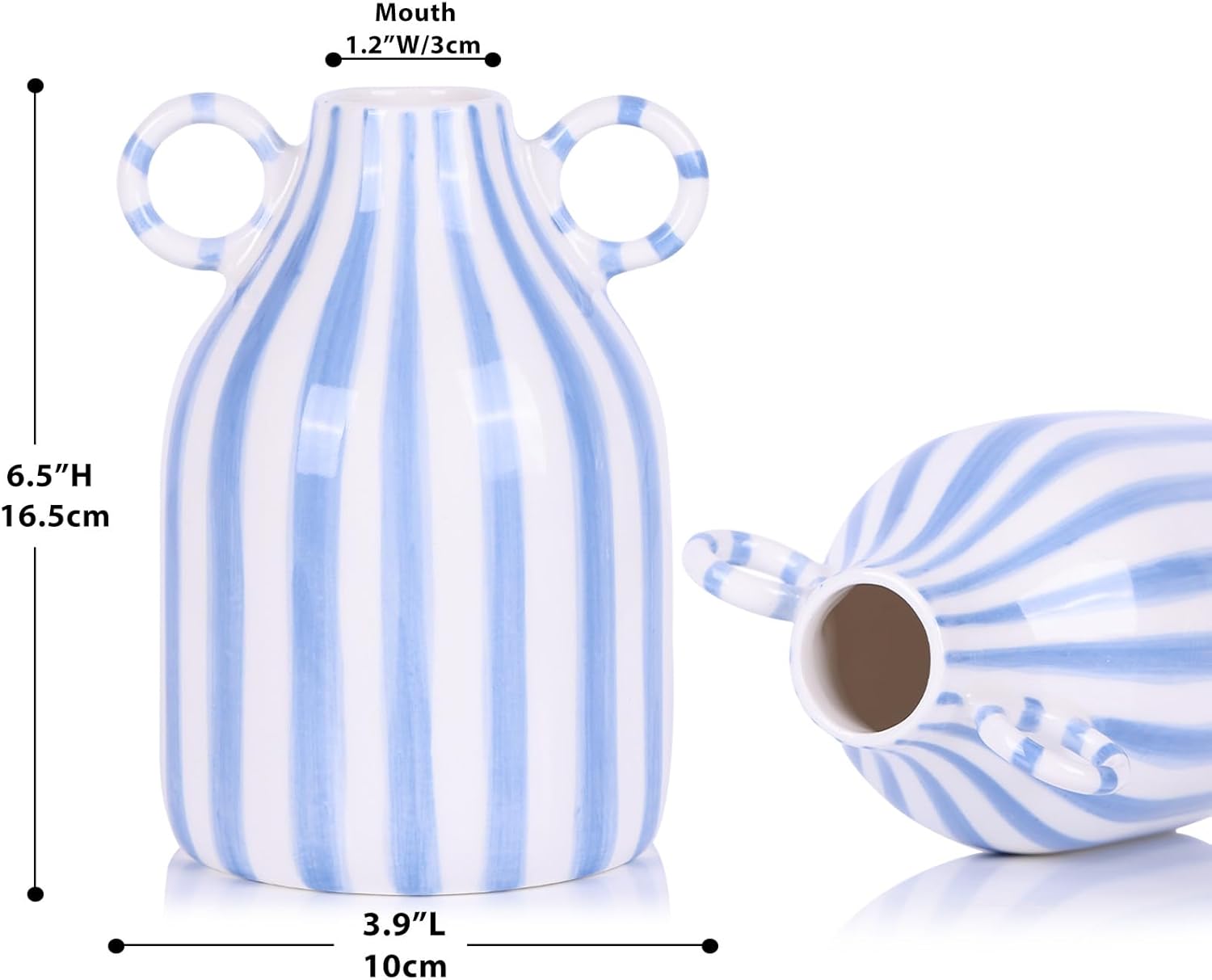 Ceramic Blue and White Striped Vase with Handle