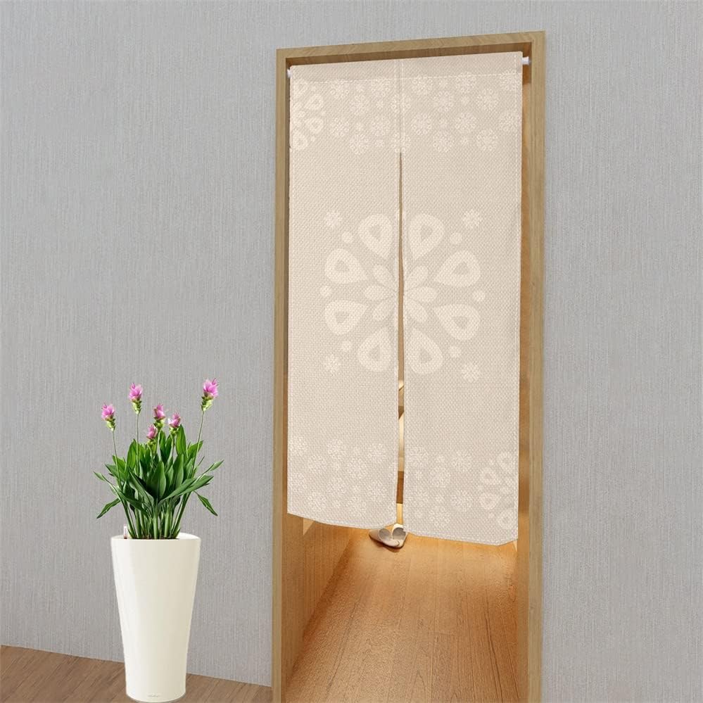 Leowefowa Japanese Noren Curtain with Flowers Print Beige