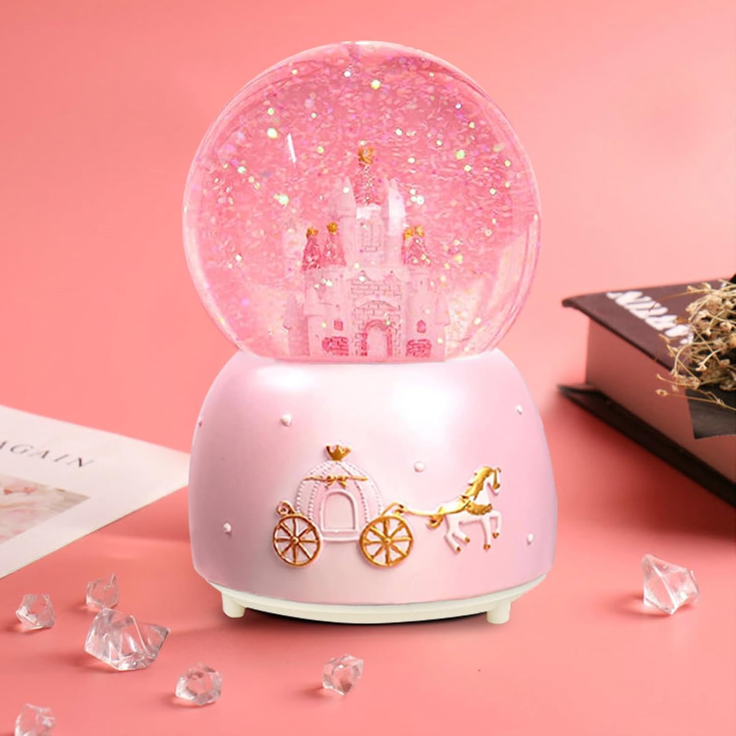 Cevly Castle Snow Globe Music Box with LED Lights Pink