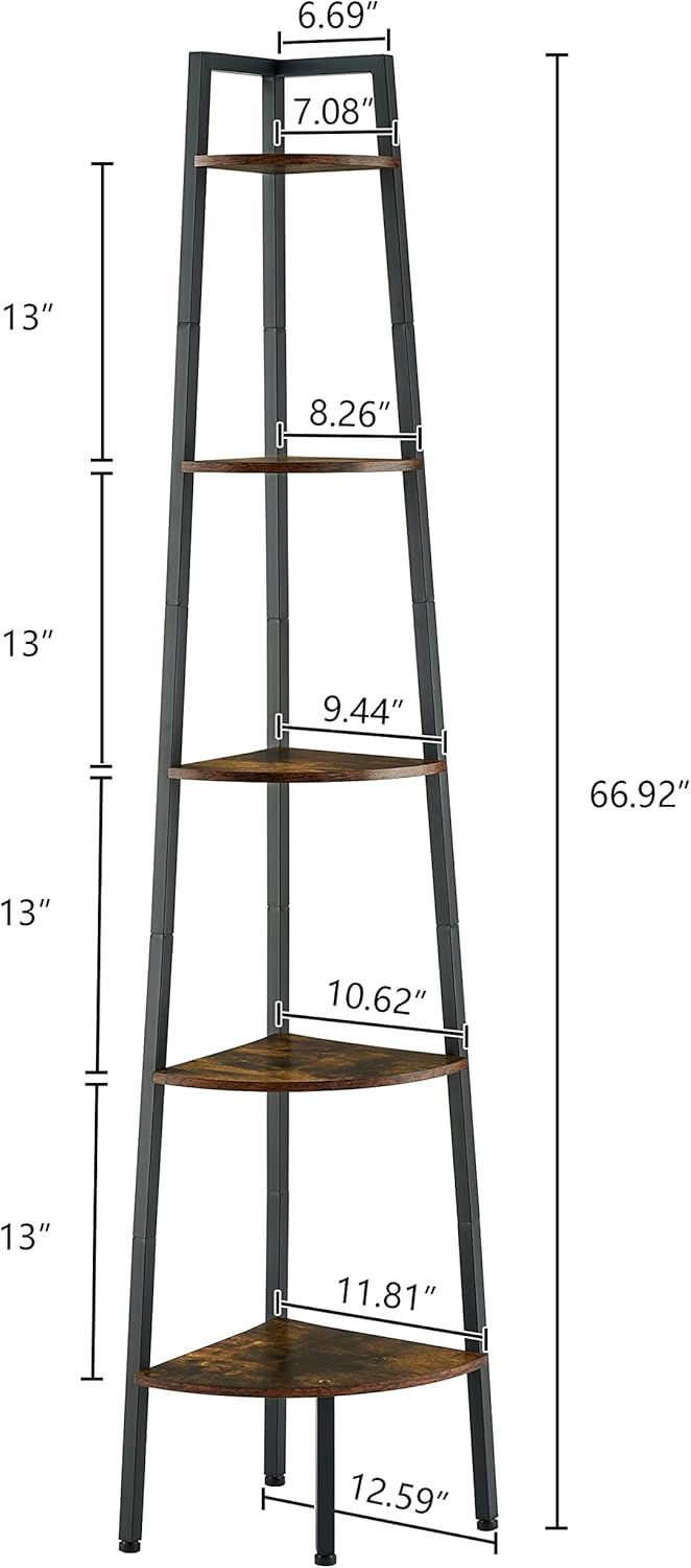 Hoctieon 5-Tier Corner Bookshelf with Rustic Brown Finish