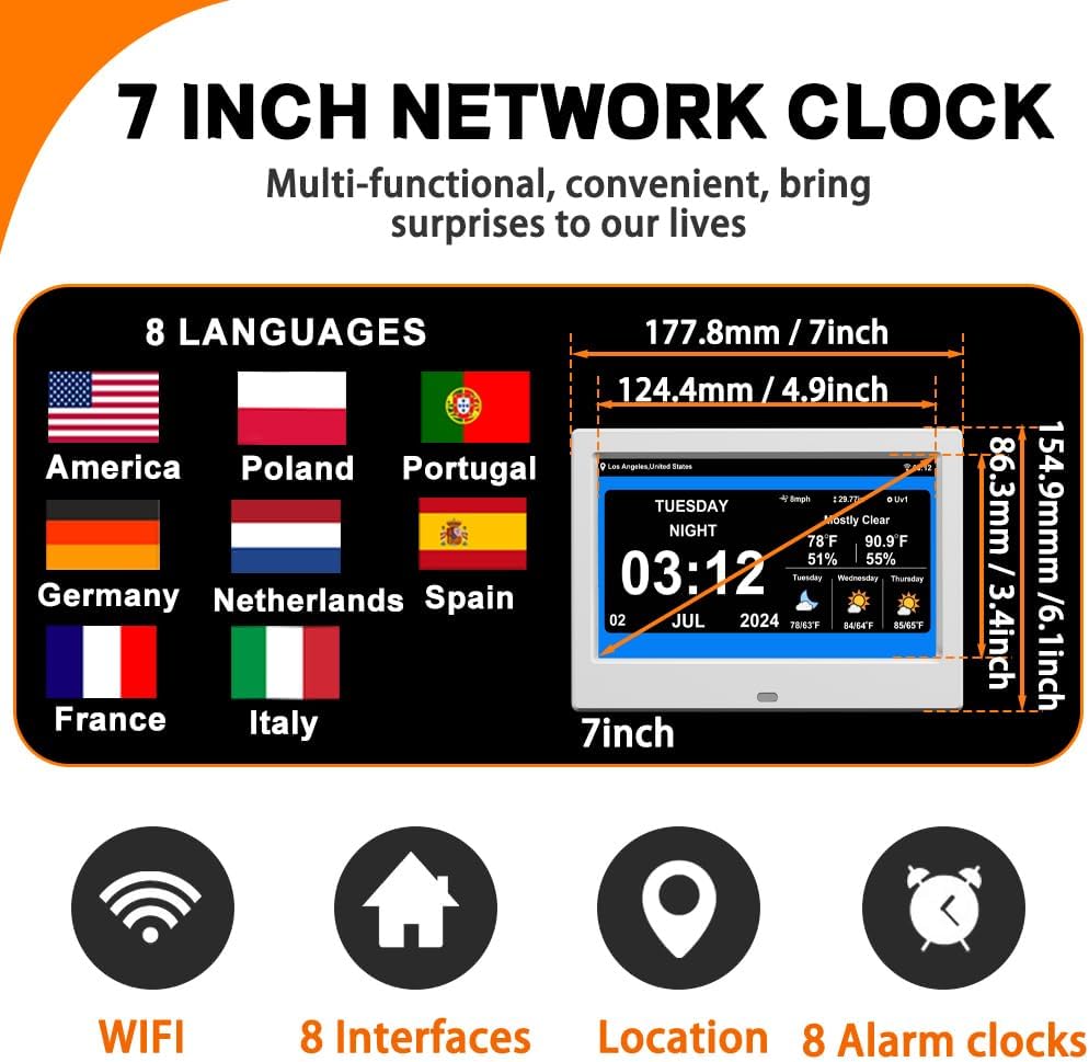 WiFi Digital Calendar Clock with Weather and 8 Alarm Options
