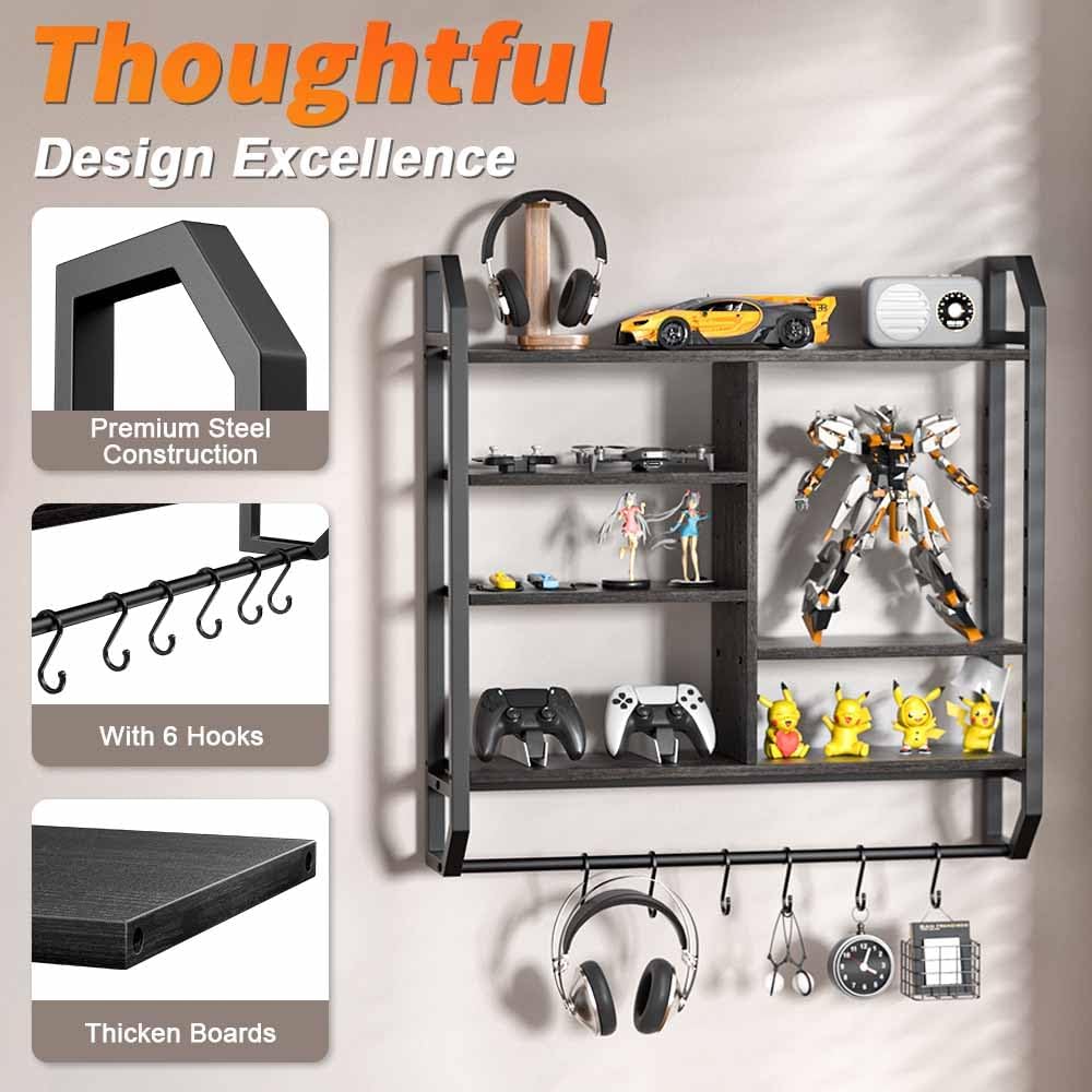 Nidouillet Gaming Floating Shelf with LED Lights and Hooks