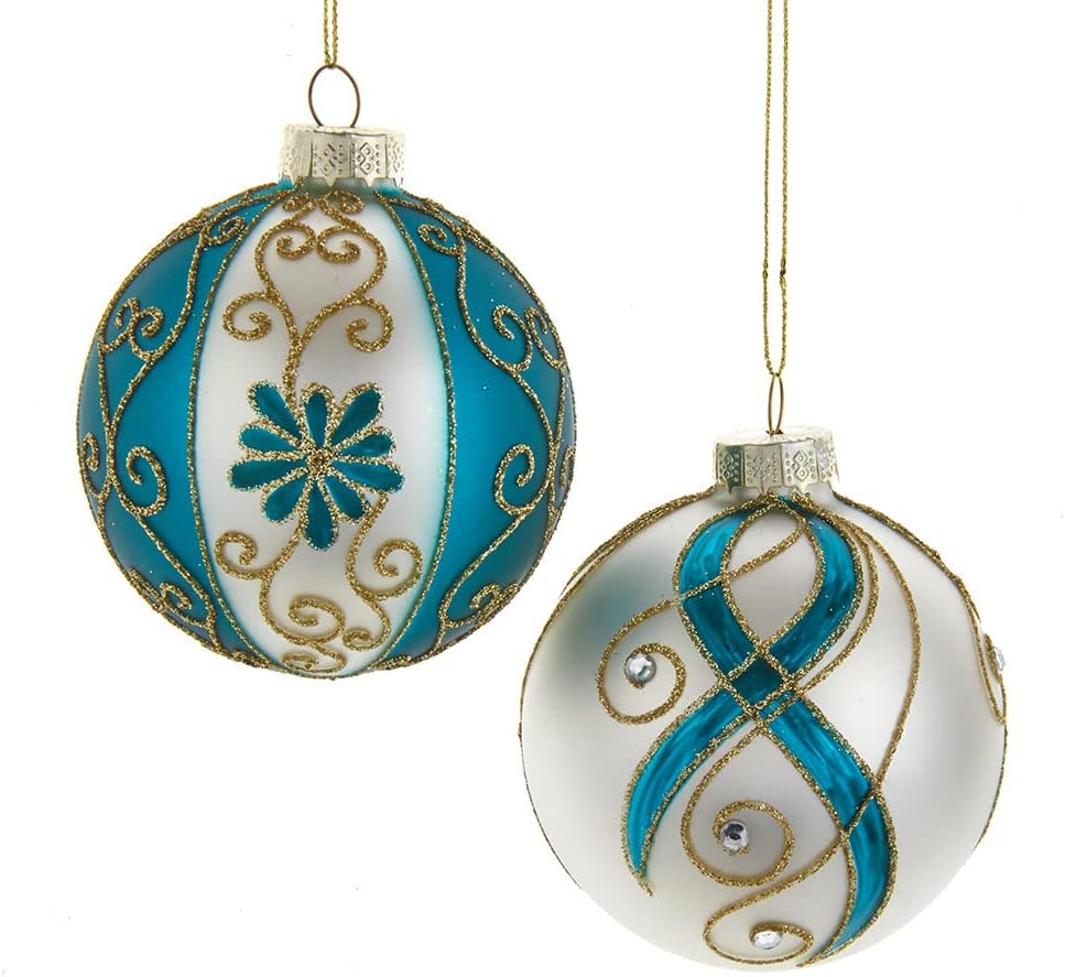 Kurt S Adler 6 Piece Gold Dark Teal White Ball Ornament Set