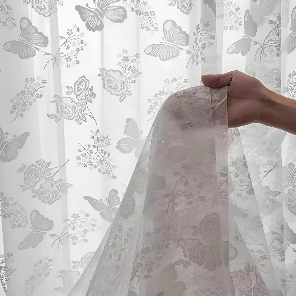 White Butterfly Embroidery Sheer Curtain Panel for Door Window Hanging