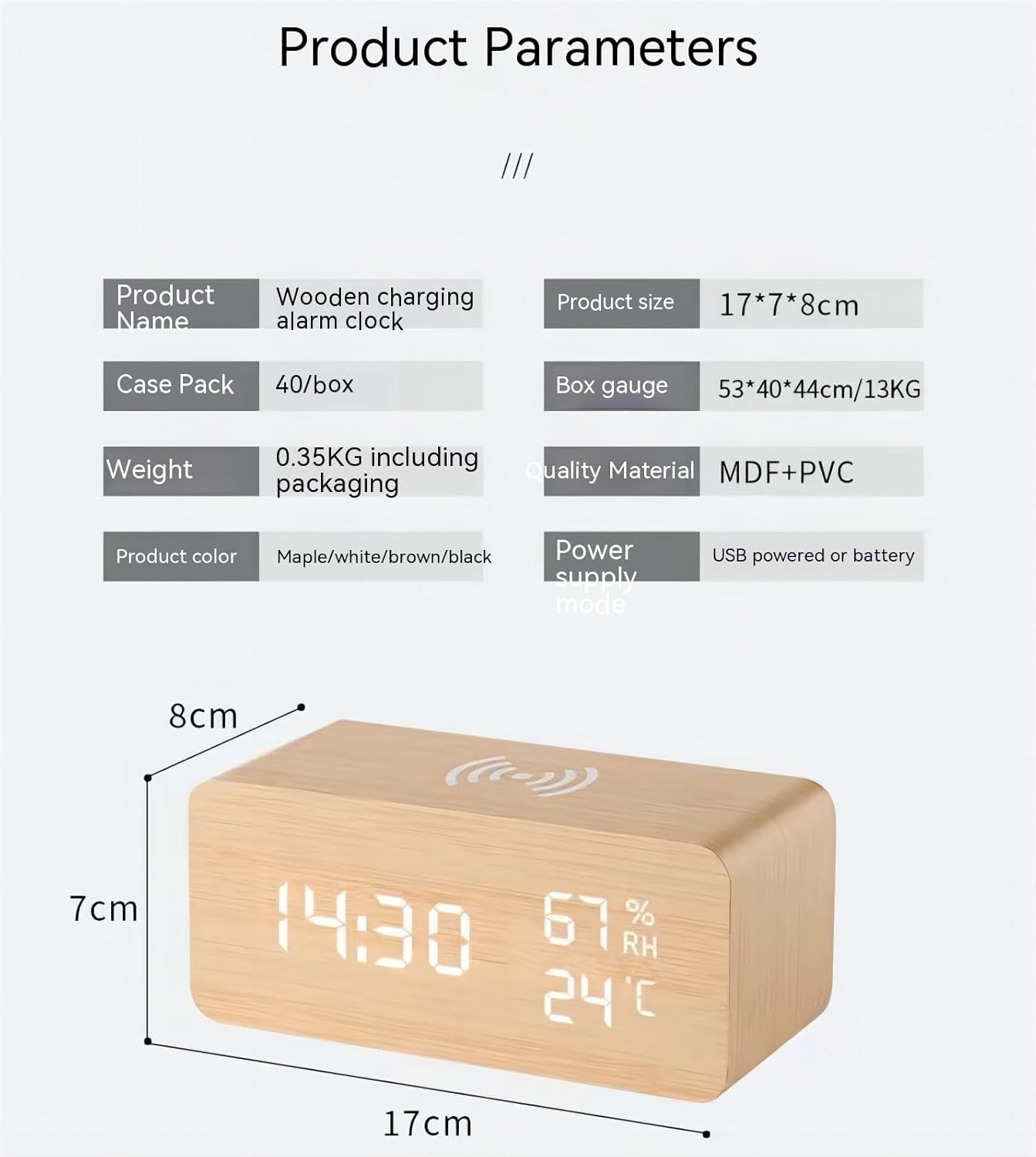 Wooden Digital Clock with Temperature Display and Dual Alarms