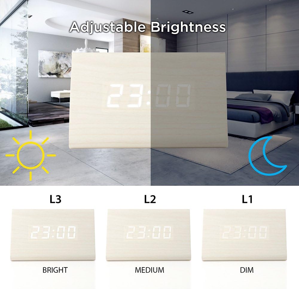 OCT17 Wooden LED Alarm Digital Desk Clock with Brightness Control