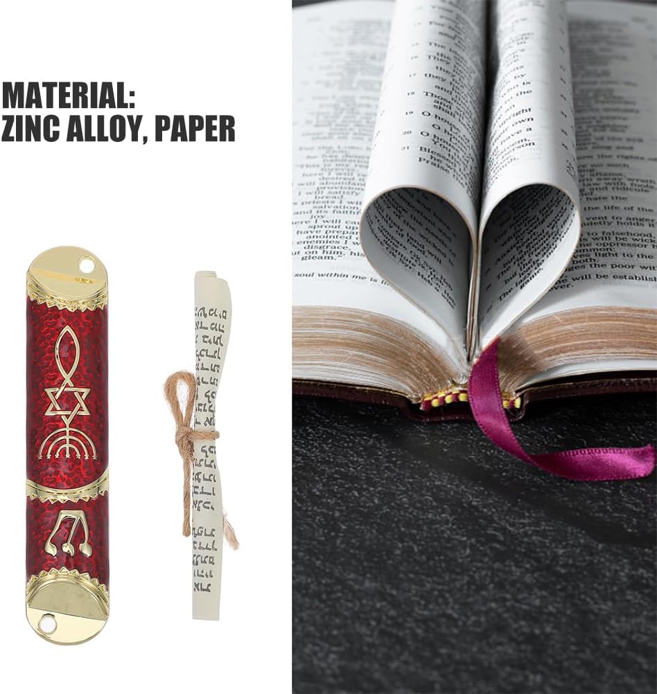 LOGOFUN 2 Piece Mezuzah Set with Scroll and Metal Case - Gold Red