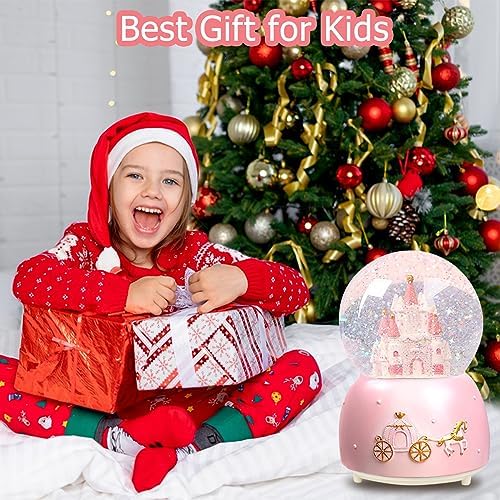 Cevly Castle Snow Globe Music Box with LED Lights Pink