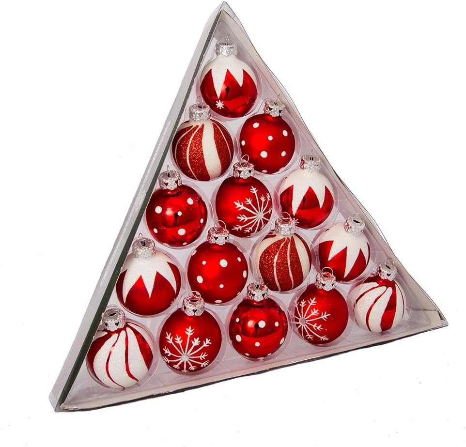 Kurt S Adler 157-Inch Red White Glass Ball Ornament Set of 15