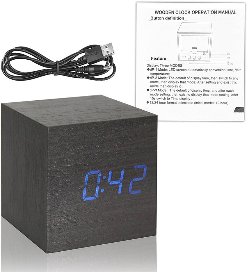 Onerbuy Wooden Digital Cube Alarm Clock with 3 Alarms and LCD Display