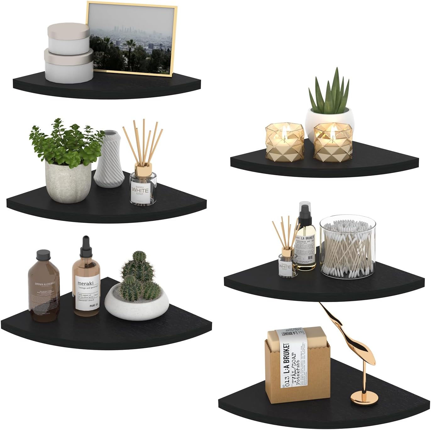 HORLIMER Floating Corner Shelf Wall Mount Set of 6 Black