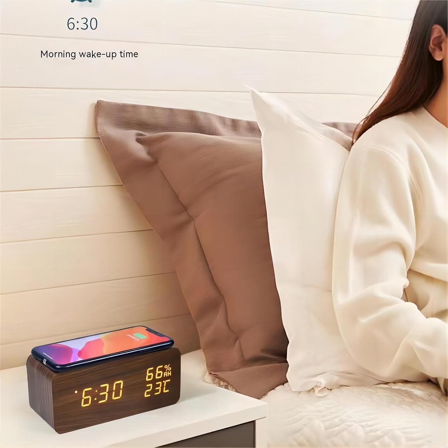 Wooden Digital Clock with Temperature Display and Dual Alarms