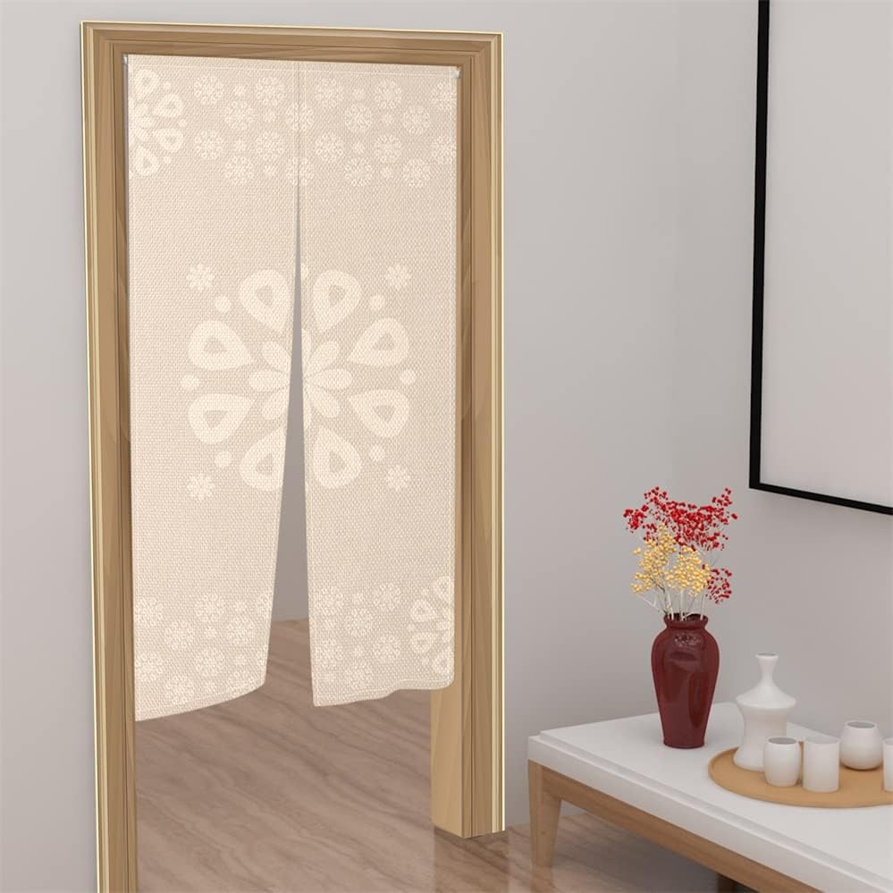 Leowefowa Japanese Noren Curtain with Flowers Print Beige